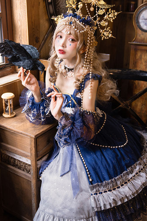 Blue Gorgeous Starry Sky Bowknot Pearl Chain Decoration Multi-Layer Ruffled Sweet Lolita JSK Tiered Dress