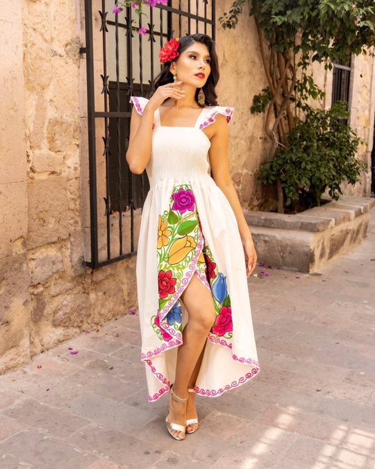 Maya Mexican Dress Belt Vestido Campesino Faja Flowers Chiapas Denim Medium  C010