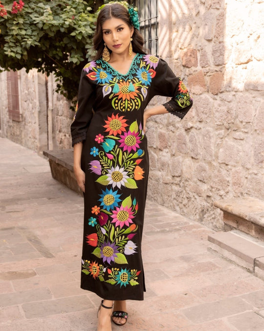 Puebla Mexican Dress w/ Belt Bata con Faja Vestido Flowers Red M/L 1 Size  1857 