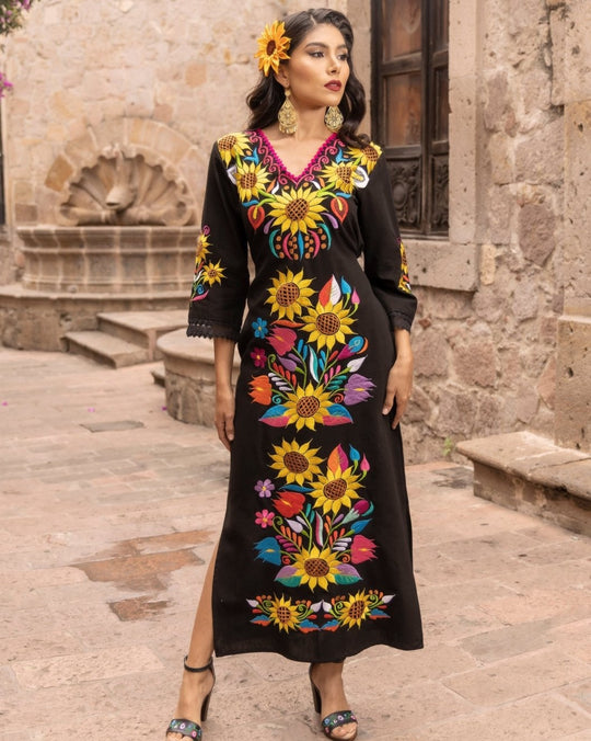 Puebla Mexican Dress w Belt Bata con Faja Vestido Flowers Yellow M/L 1 Size  1860