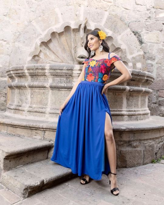 Maya Mexican Dress Belt Vestido Campesino Faja Flowers Chiapas Denim Large  Q27
