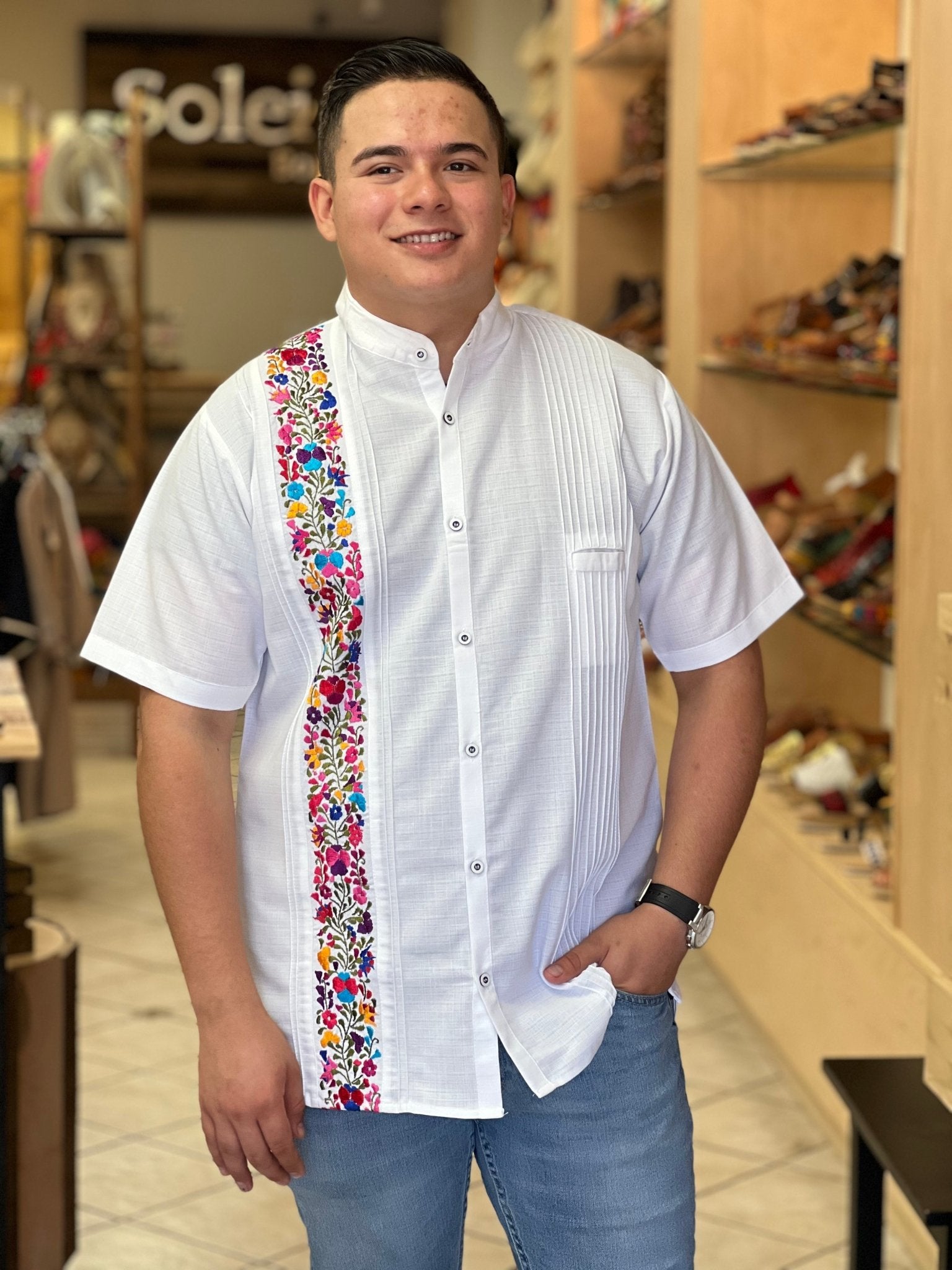 Mens Mexican Traditional Floral Embroidered Guayabera , 44% OFF