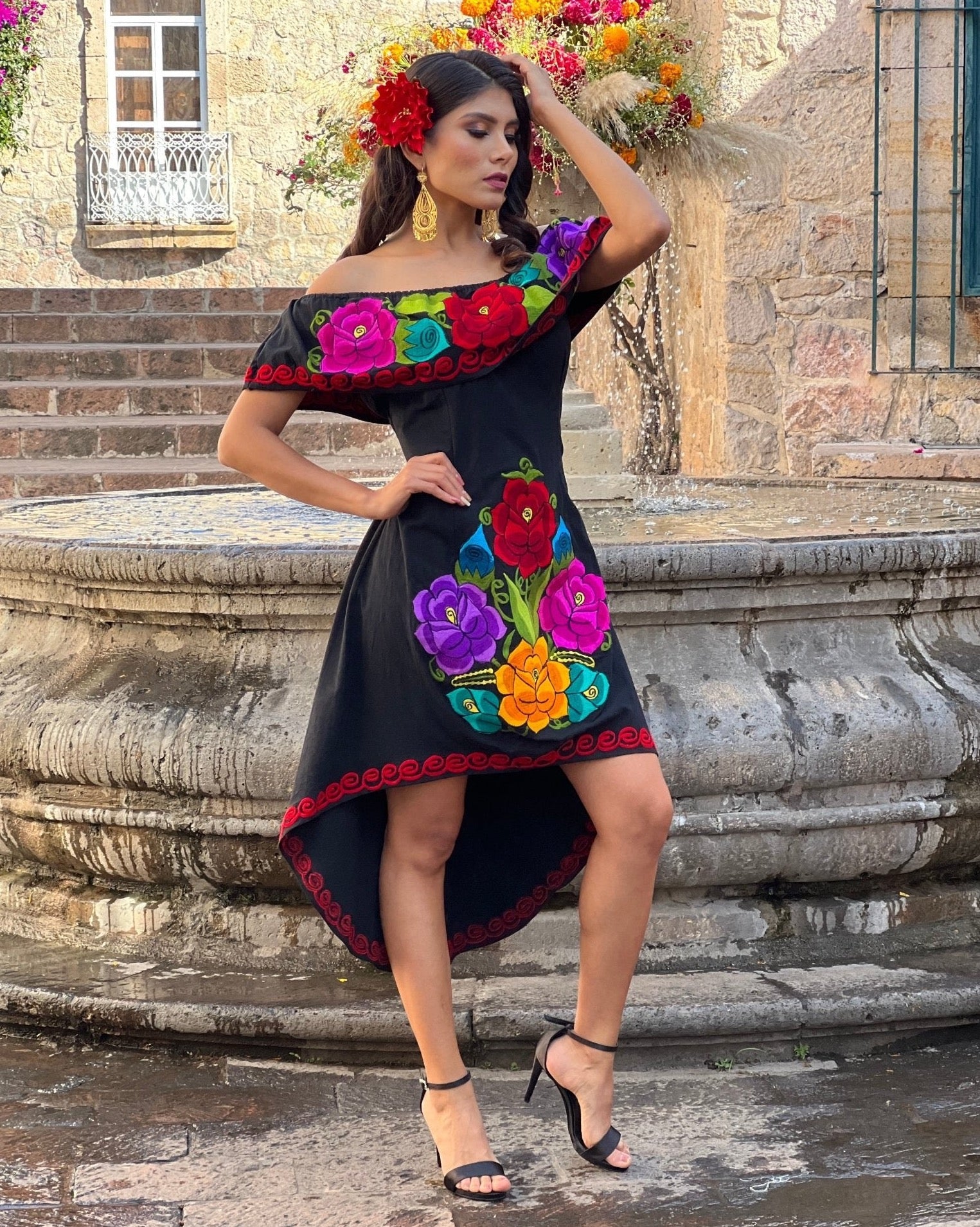 Mexican Artisanal Asymmetrical Dress. Vestido Rosaura Floral – Solei Store