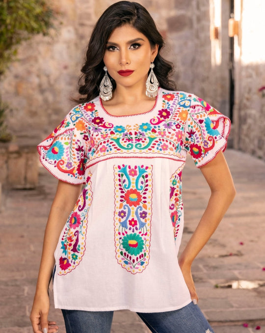 Traditional Mexican Embroidered Shirt Floral Top Blouse Handmade Beige –  The Little Pueblo