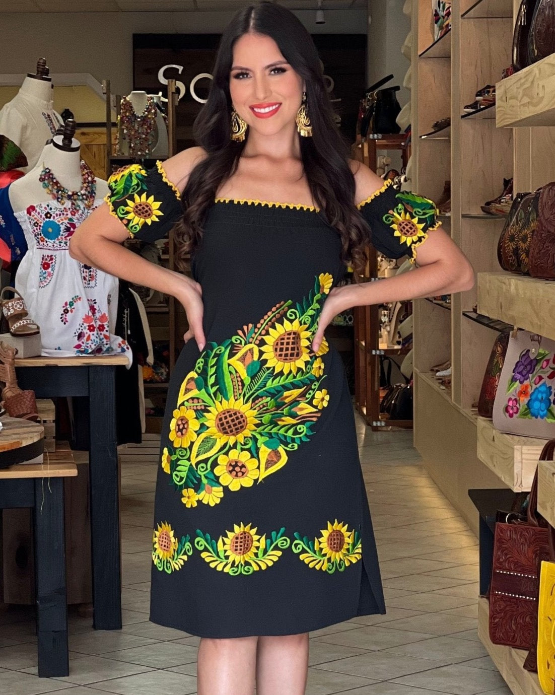 Mexican Sunflower Embroidered Dress. Eloisa Dress. – Solei Store