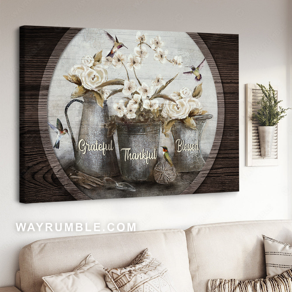 White flower vase Circle frame Hummingbird drawing 