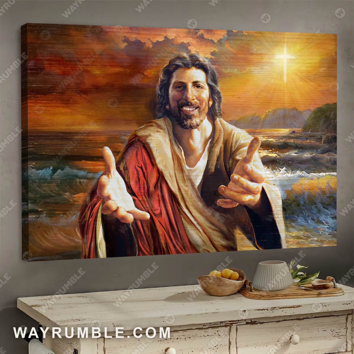 Wooden cross, Orange sunset, Mountain painting, For God so loved the w -  Wayrumble