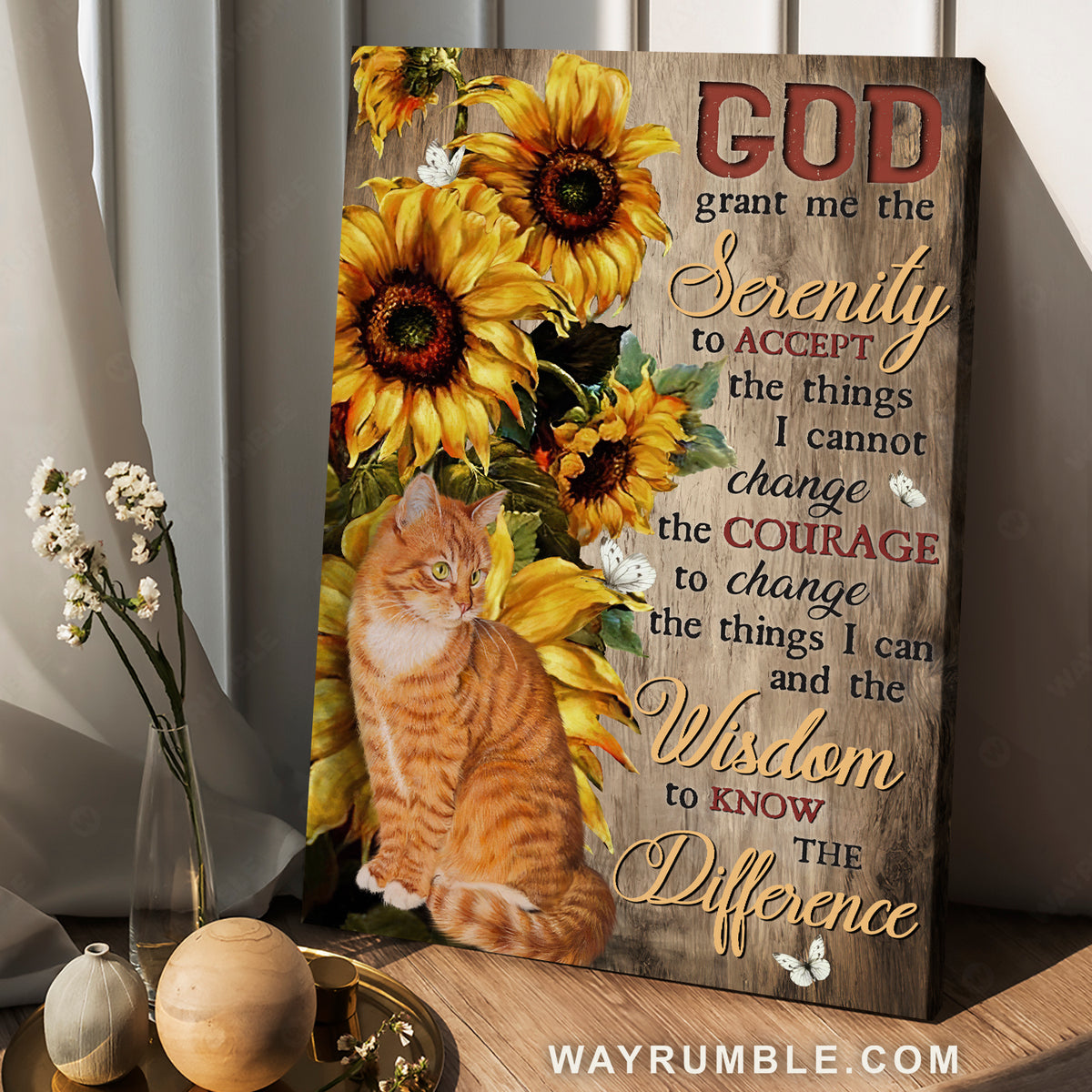 Hãy cùng ngắm nhìn mèo Tabby và hoa hướng dương lớn trên nền tảng gỗ Grant. Câu trích dẫn “God grant me the…” cũng khiến bạn có thêm động lực và cảm thấy hạnh phúc khi thưởng thức ảnh.