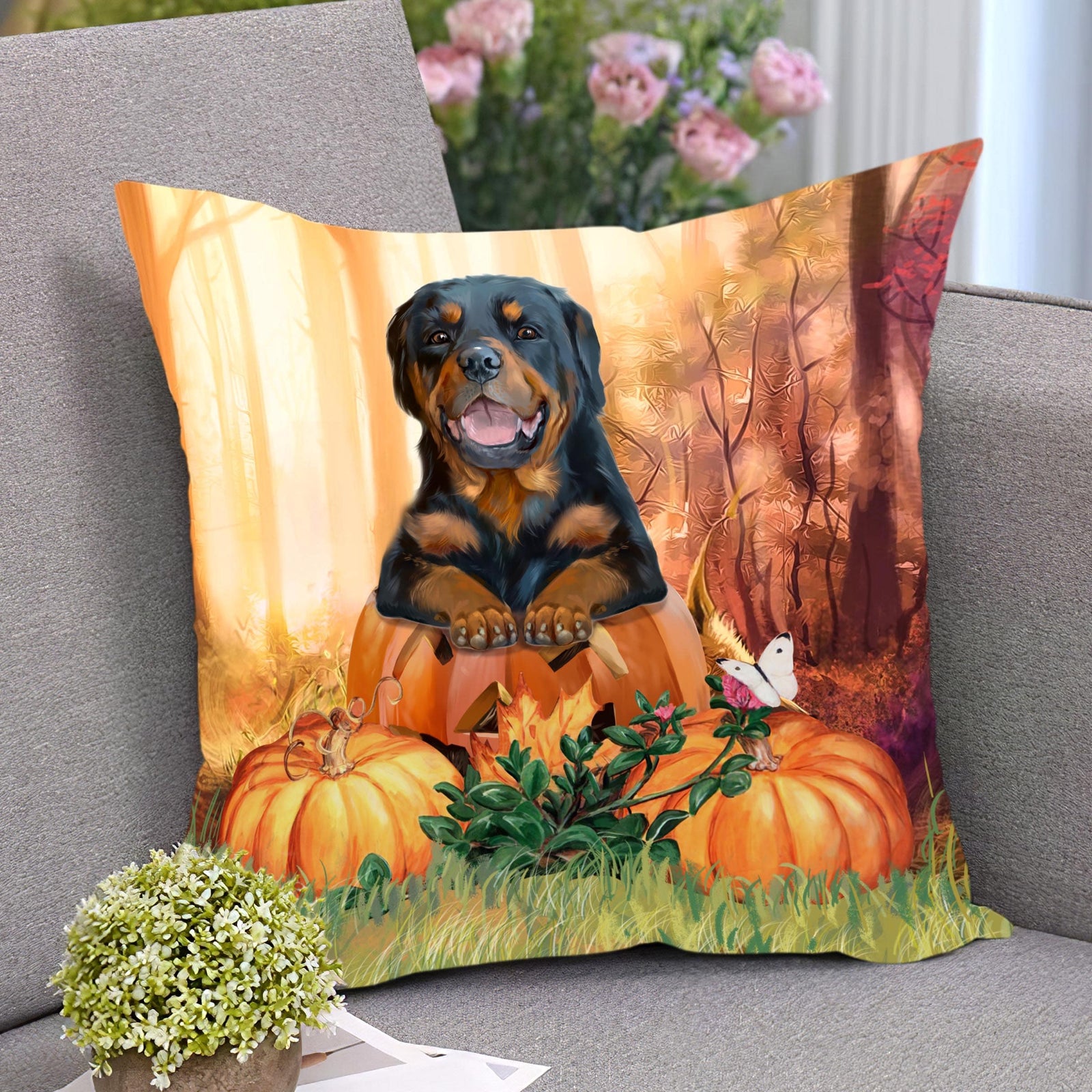 Halloween Cat and Pumpkin Hand-painted Pillow Cover 