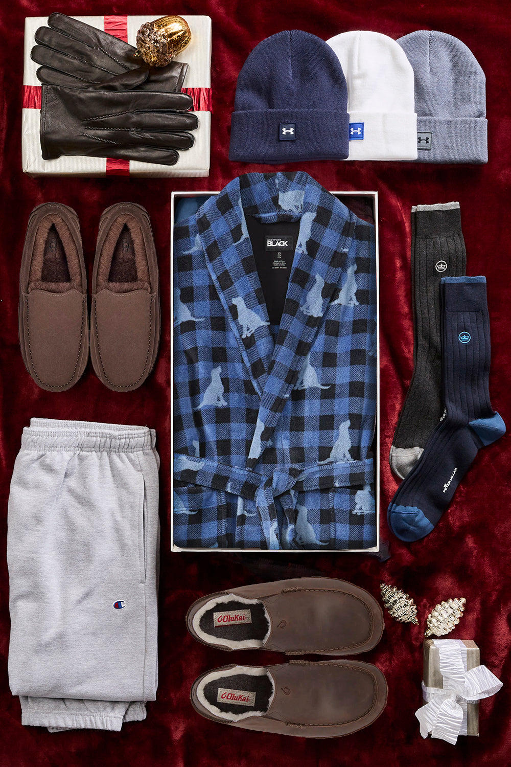 assortment of men's accessories such as robe, slippers, and hats