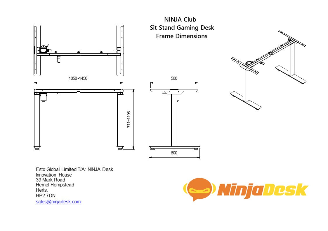 NINJA Club sit stand height adjustable gaming desk frame technical drawing