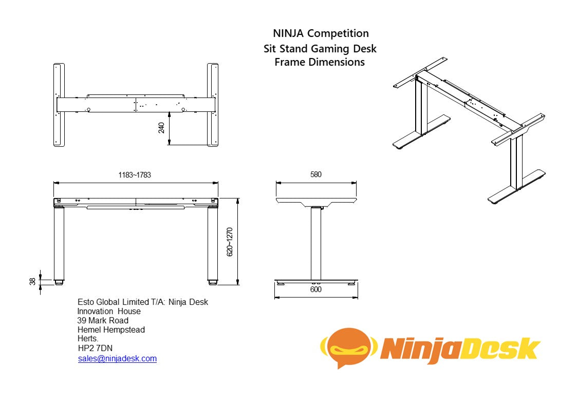 NINJA Competition sit stand height adjustable gaming desk frame technical drawing