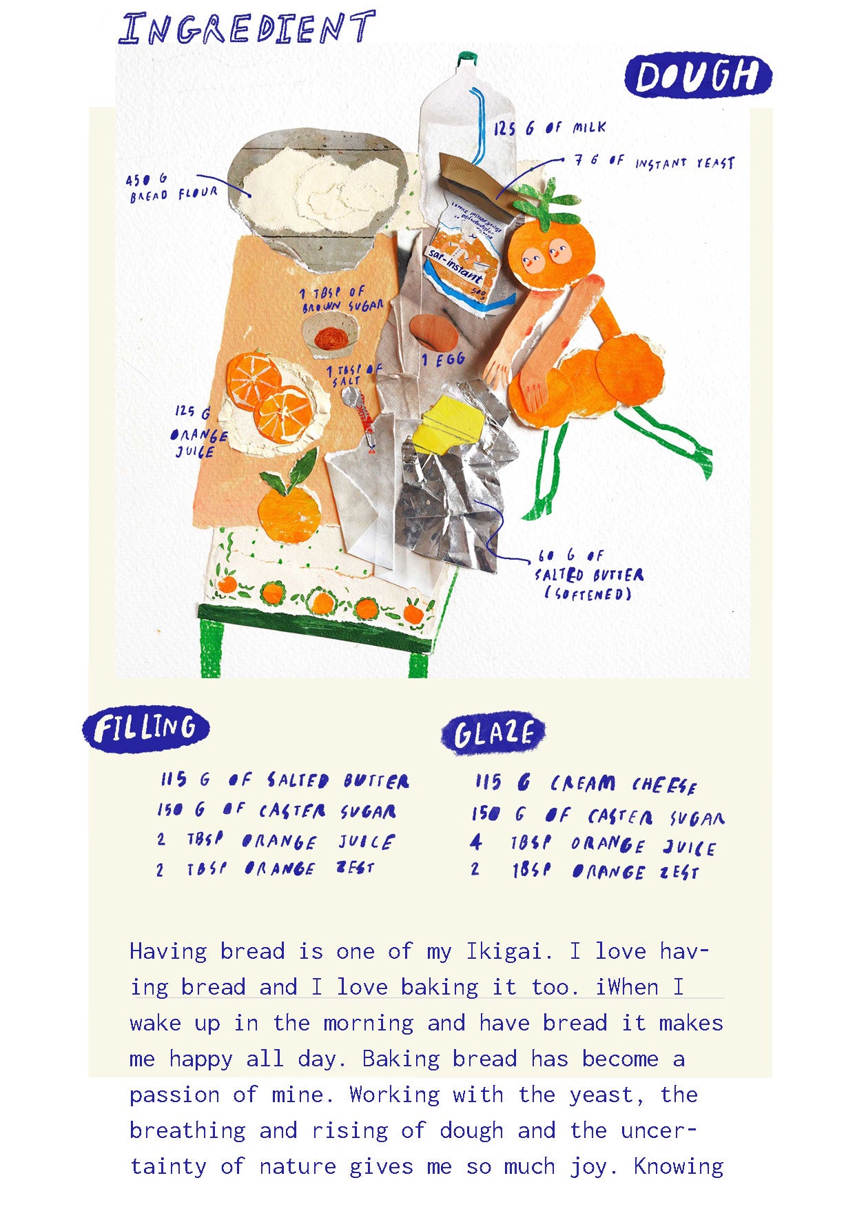 Orange roll recipe mixed media painted paper collage by auracherrybag food illustration