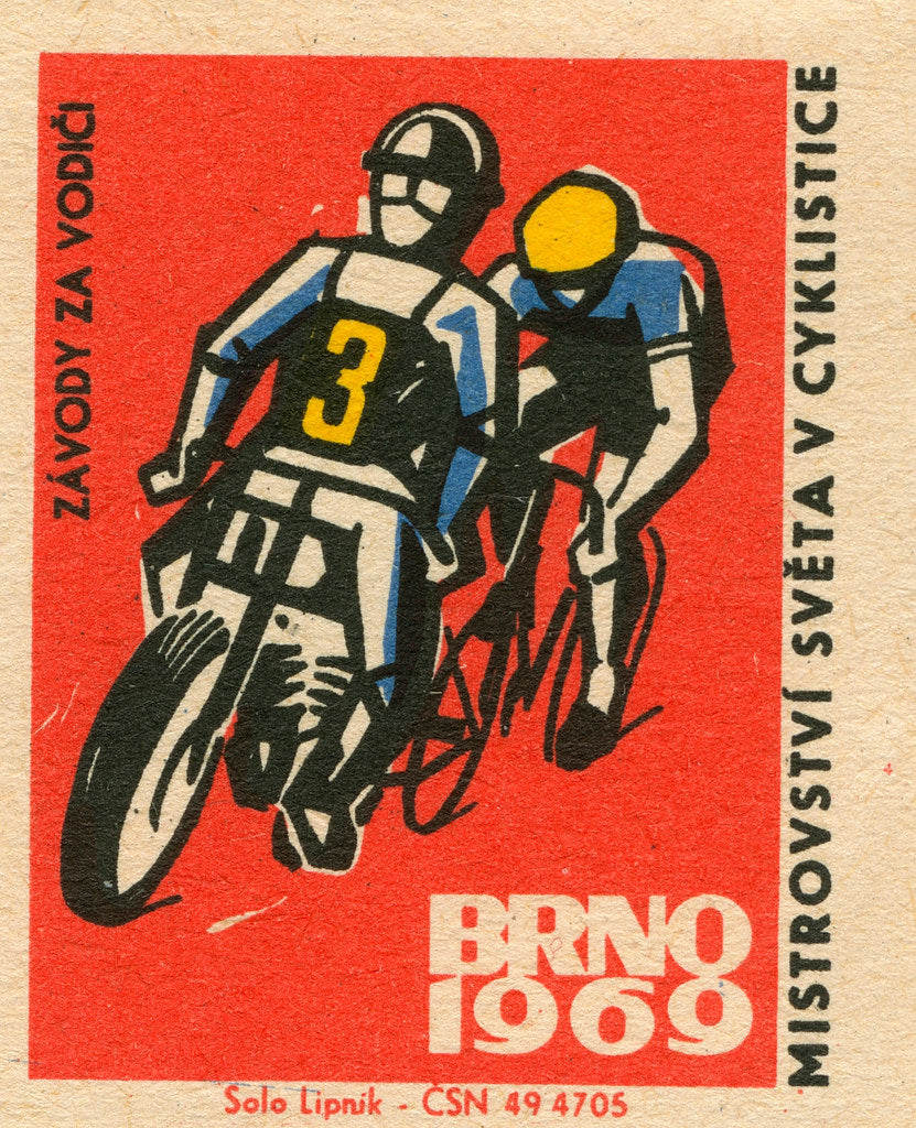 Brno 1969 cycling with motorbike in front