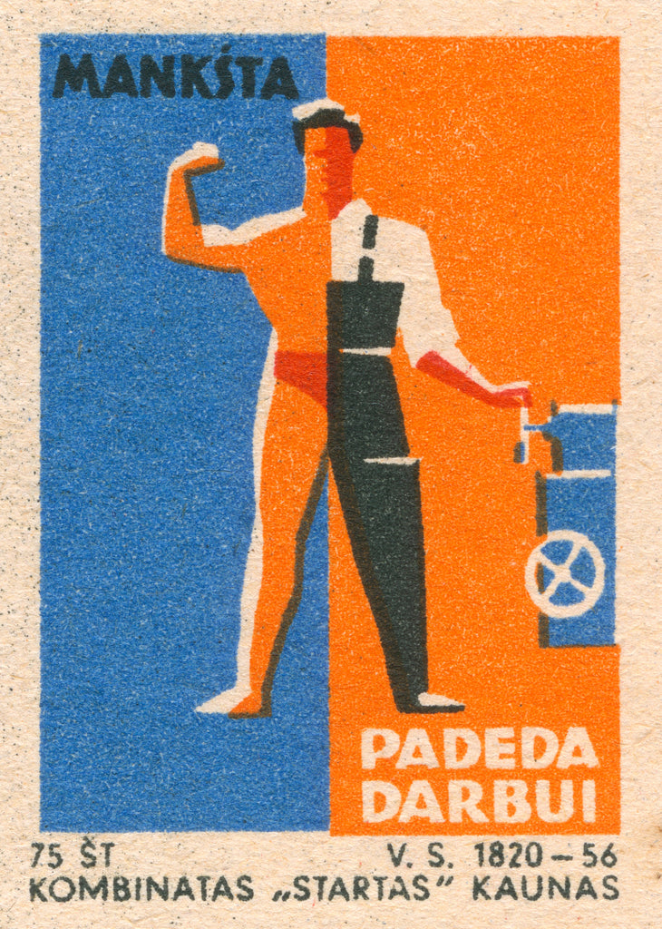 matchbox label man at work and on holiday