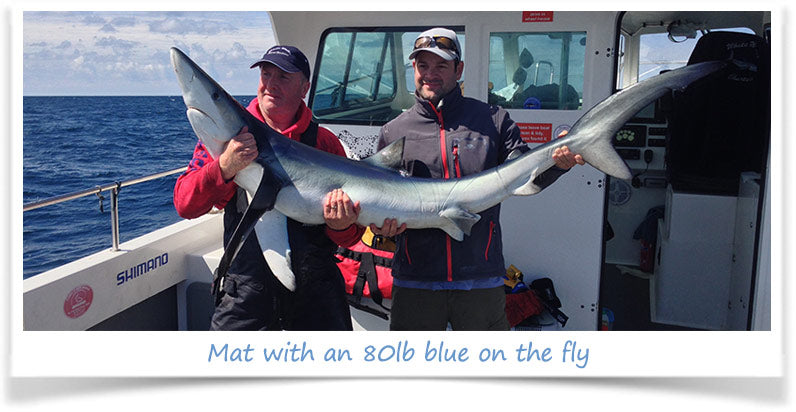 Mat with an 80lb blue shark on the fly tackle