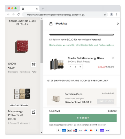 Screenshot des Waterdrop Warenkorbs