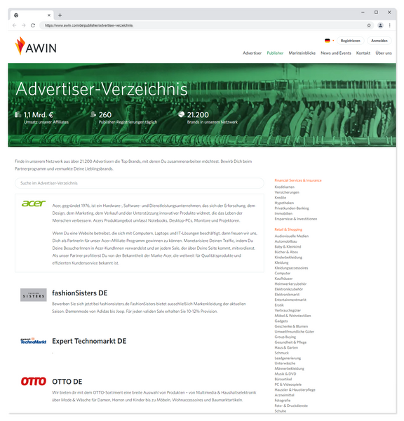 Advertiser Verzeichnis des Affiliate Netzwerks Awin