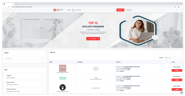 Market Place der UpPromote Affiliate Marketing App