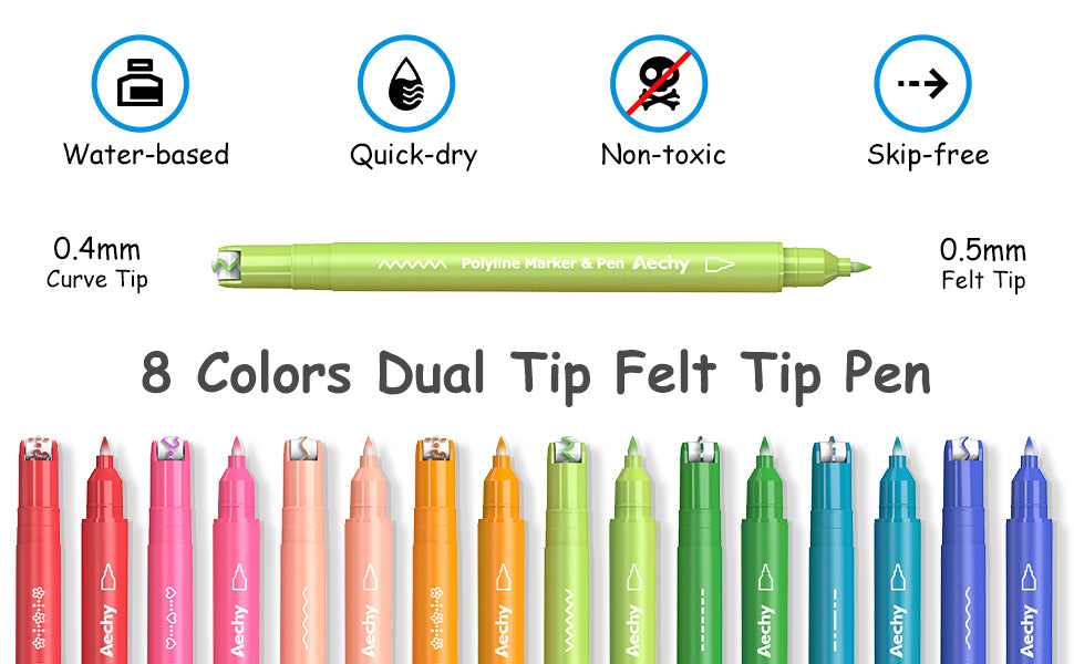 AECHY Dual-Tip Felt Tip Pen 6 Different Curves and 8 Colors-  –  Aechy