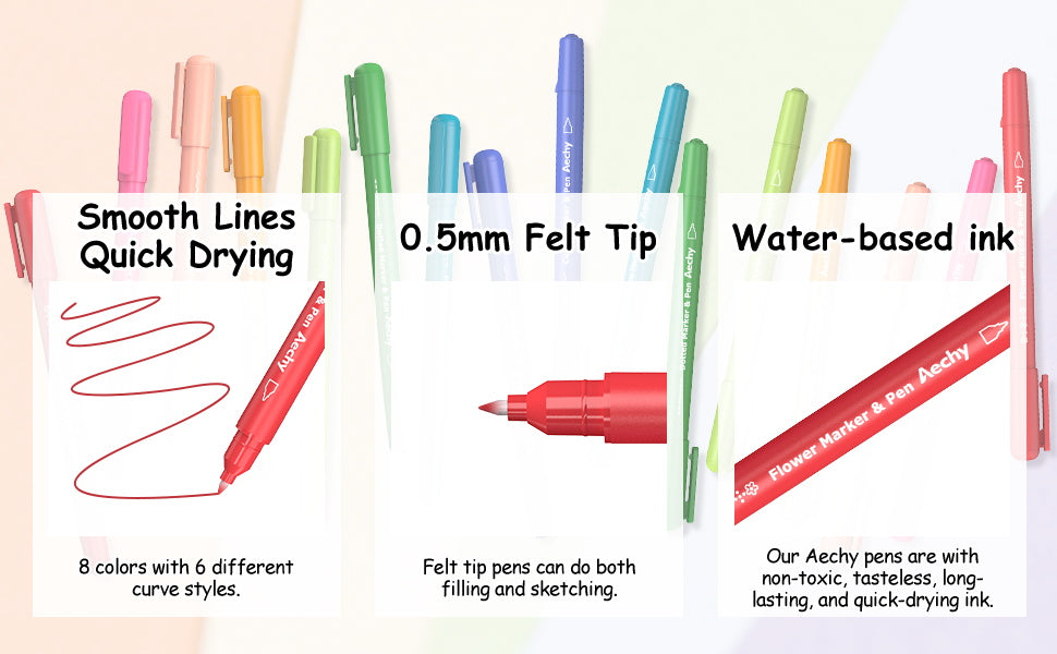 AECHY Dual-Tip Felt Tip Pen 6 Curves and 8 Colors