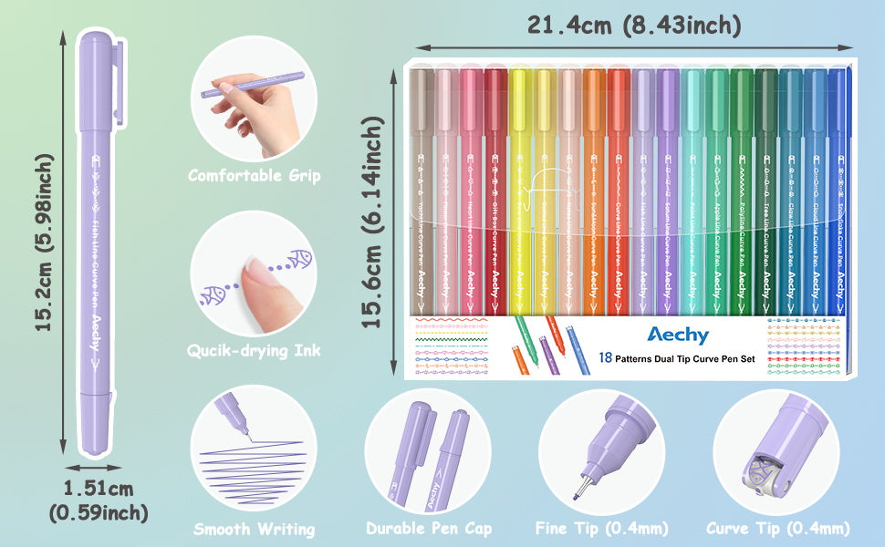 AECHY Colored Drawing Curve Pen Set 18 Colors And 18 different lines