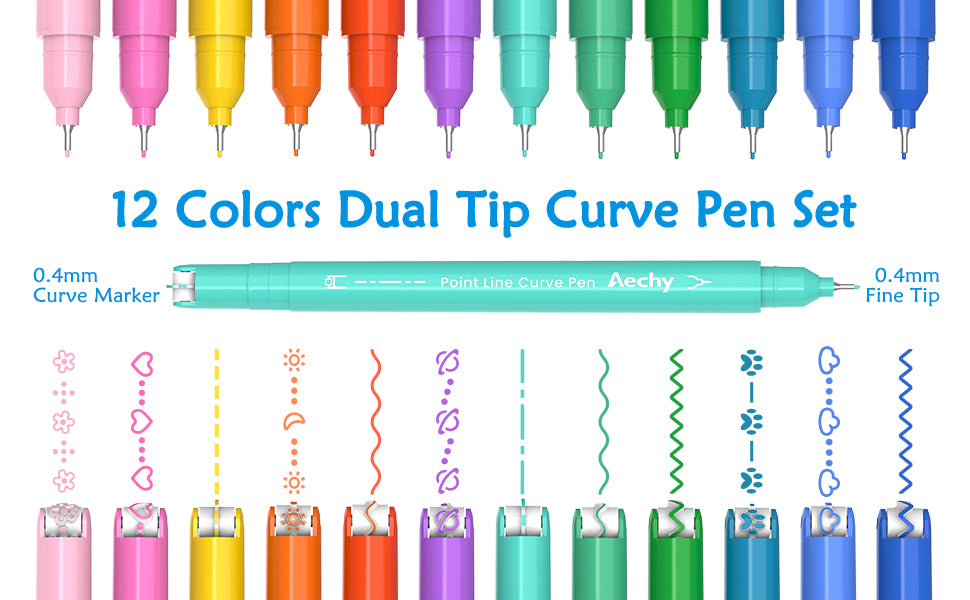 AECHY Colored Felt Tip Curve Pens for Note Taking, Dual Tip Pens with 5  Different Curve Shapes & 8 Colors Fine Lines, Curve Flair Pen Set for Kids