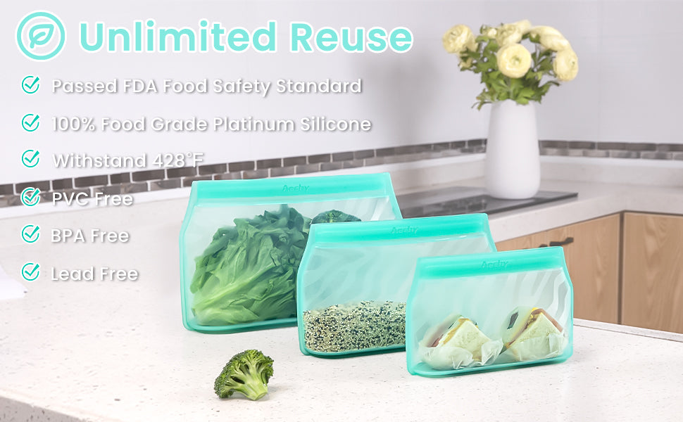 AECHY Food-grade Silicone Food Storage Bag Set with 3 colors