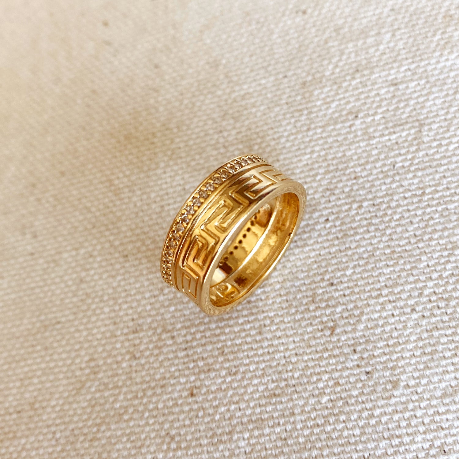 18k Gold Filled Greek Pattern Band Ring With Cubic Zirconia Detail