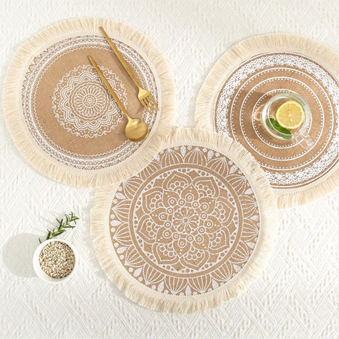 Ownkoti Woven Cotton Linen White Tassel Placemats Table Mats (3PCS)