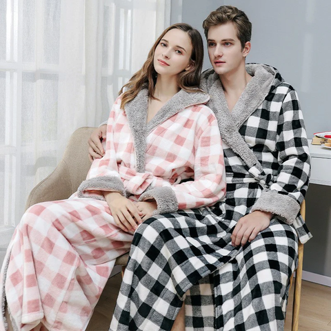 Checkerboard Hooded Fleece Long Bathrobe