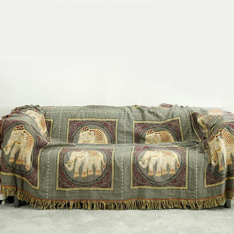 Manta de cama de elefante de algodón bohemio Funda de sofá de doble cara con borlas