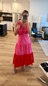 Twist Cut Out Color Block Maxi Dress, Fuchsia