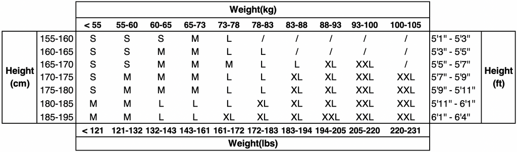 NANDN New Pattern Snowboarding One Piece Size Chart