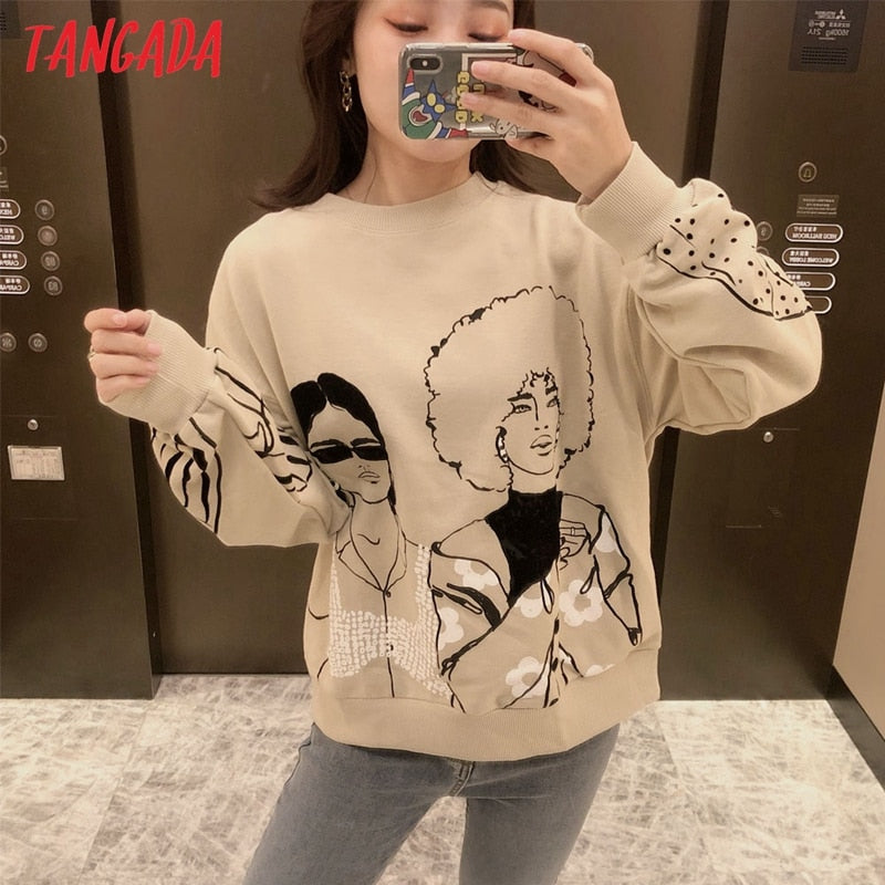 Tangada Women Character Sweatshirts  Long Sleeve Print Gray