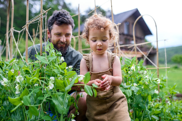 Man and a child inside the garden full of herbs