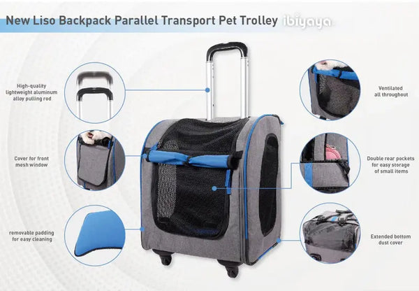 Liso Backpack Parallel Transport Pet Trolley - Adjustable Handle - Silver Circle Pets