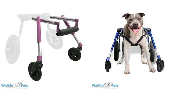 a side by side image of the front dog wheels4dogs wheel chair and how it fits on a dog