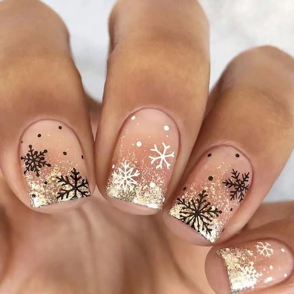 Wenkouban-Christmas Stiletto Fake Nails for Women Girls Golden Snowflakes Designs French Press on Nails Wearable Full Cover False Nails