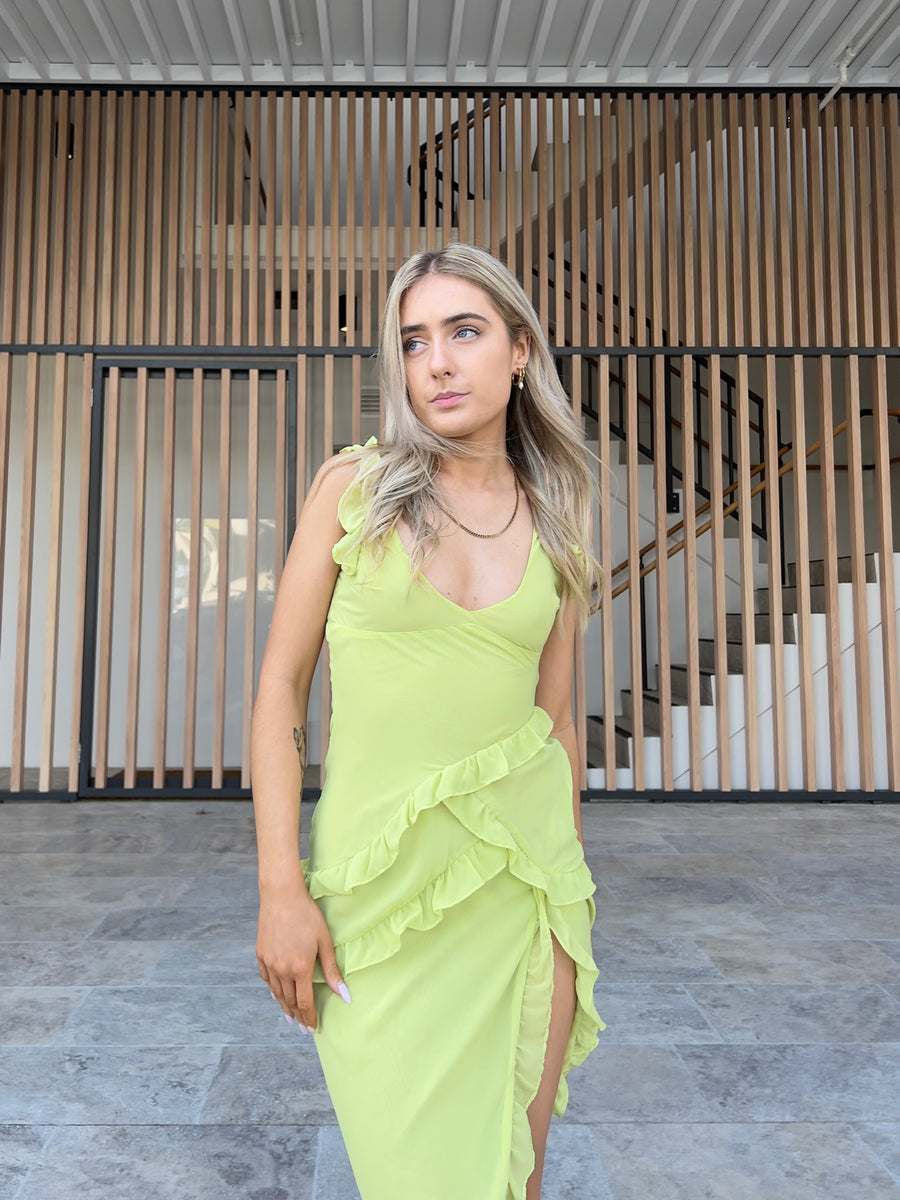 House of CB - Pixie Lime Ruffle Maxi Dress • Curated By KT