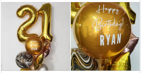 Jumbo balloon bouquet set for the grand 21st birthday with customised name.