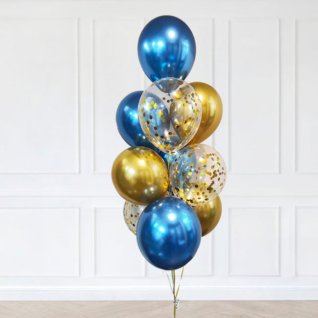 Load image into Gallery viewer, Blue Gold Chrome and Confetti Balloon Bouquet.
