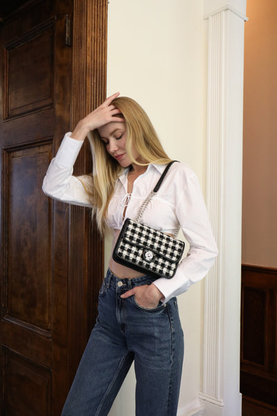 Model wearing Tweed Houndstooth Chain Crossbody