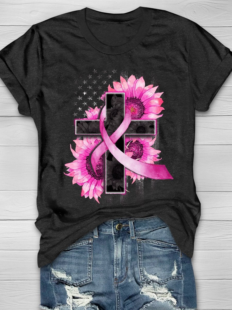 Christian USA Flag And Cross Faith Sunflower Pink Ribbon - Breast Cancer Awareness Shirt