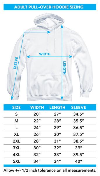 Regular adult hoodie size chart