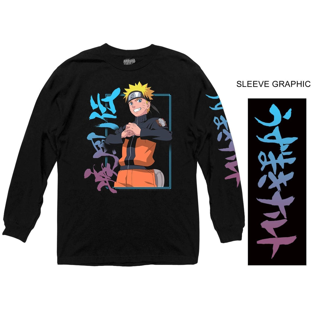 Naruto Classic Sasuke Posing Crew Neck Long Sleeve Athletic Heather Youth  Shirt-Large