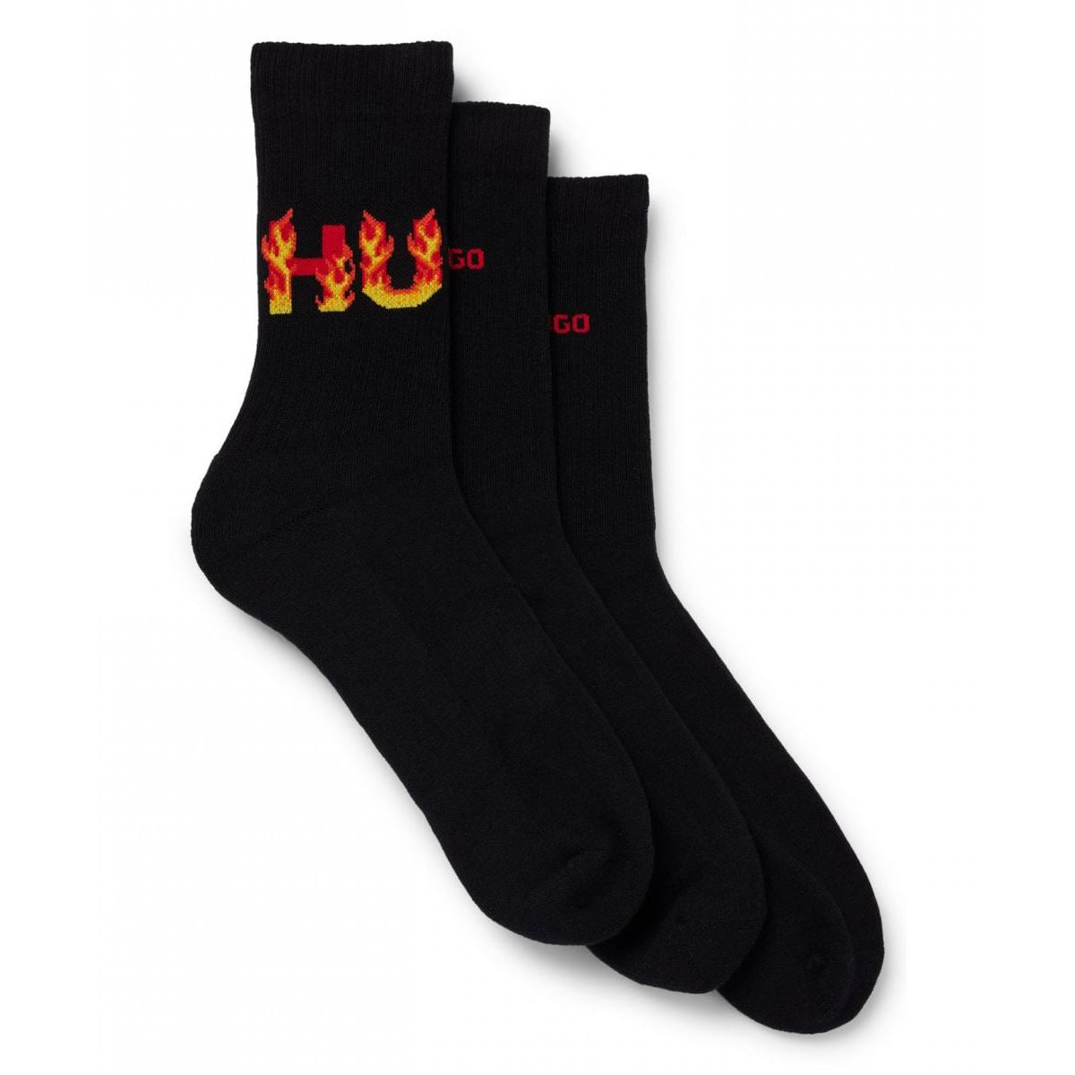 Hugo 3 Pack Rib Flame Men’s Black Calf High Socks