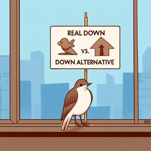 A Bird Holding A Sign That Says Real Down Vs. Down Alternative