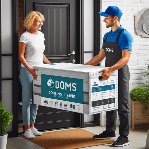 A Delivery Man From Doms Mattress Store Is Delivering A Cooling Hybrid Mattress Inside A Box To A Woman At Her Doorstep