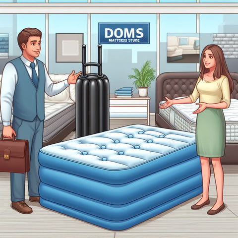 A Man And A Woman Are Comparing An Air Mattress Vs. A Traditional Mattress Inside A Mattress Store Called Doms Mattress Store